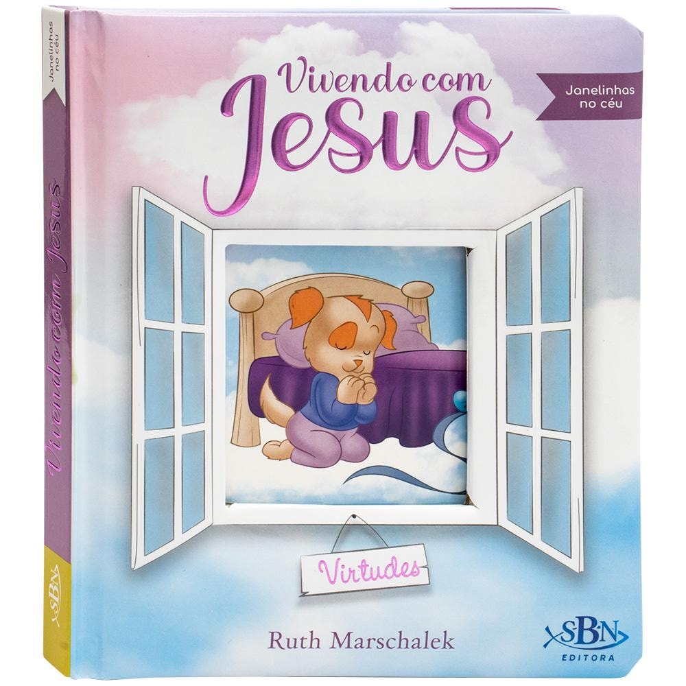 Livro infantil "Janelinhas no Céu: Vivendo com Jesus" de Ruth Marschalek, capa com janelas e cachorro orando. — Plenitude