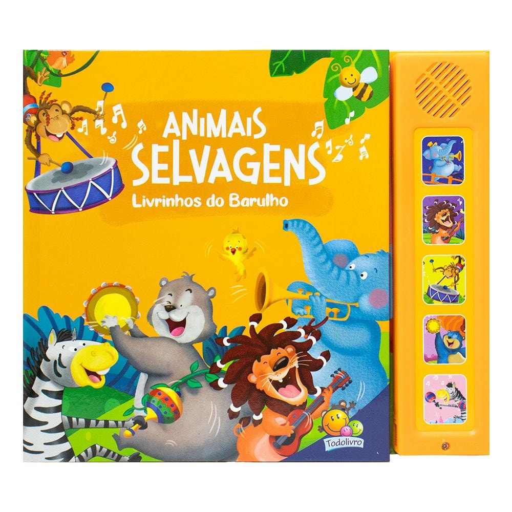 Livro sonoro "Animais Selvagens" da Little Pearl Books, capa amarela com animais e botões laterais. — Plenitude
