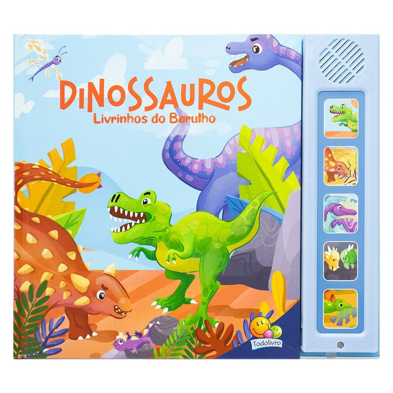 Livro sonoro "Dinossauros" da Little Pearl Books, capa azul com dinossauros e botões laterais. — Plenitude