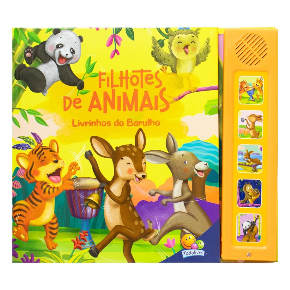 Livro sonoro "Filhotes de Animais" da Little Pearl Books, capa amarela com filhotes de animais e botões laterais. — Plenitude