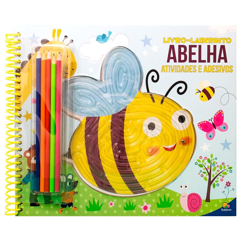 Livro-Labirinto! Atividades, Colorir e Adesivos: Abelha, com capa branca, abelha amarela transparente, lápis de cor. — Plenitude