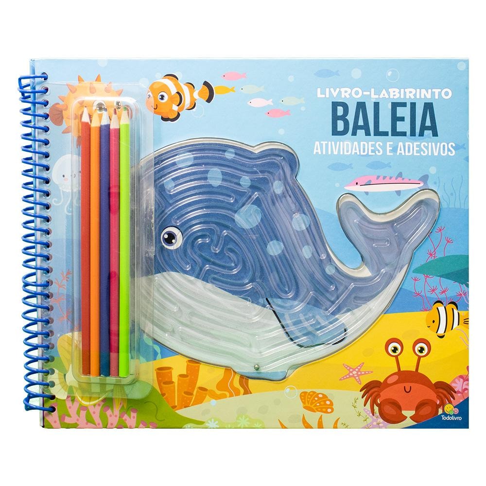 Livro-Labirinto! Atividades, Colorir e Adesivos: Baleia, com capa azul e baleia azul transparente, lápis de cor e adesivos. — Plenitude