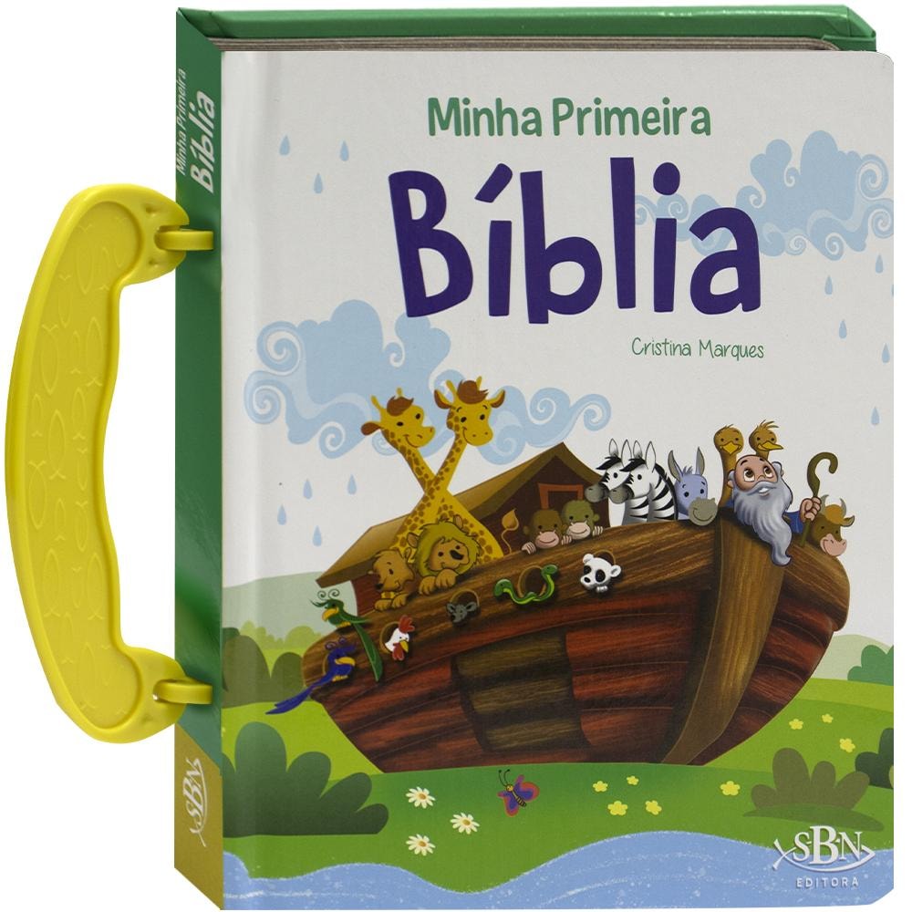 Livro Minha Maletinha: Minha Primeira Bíblia, de Cristina Marques. Capa branca com alça amarela e Arca de Noé. — Plenitude