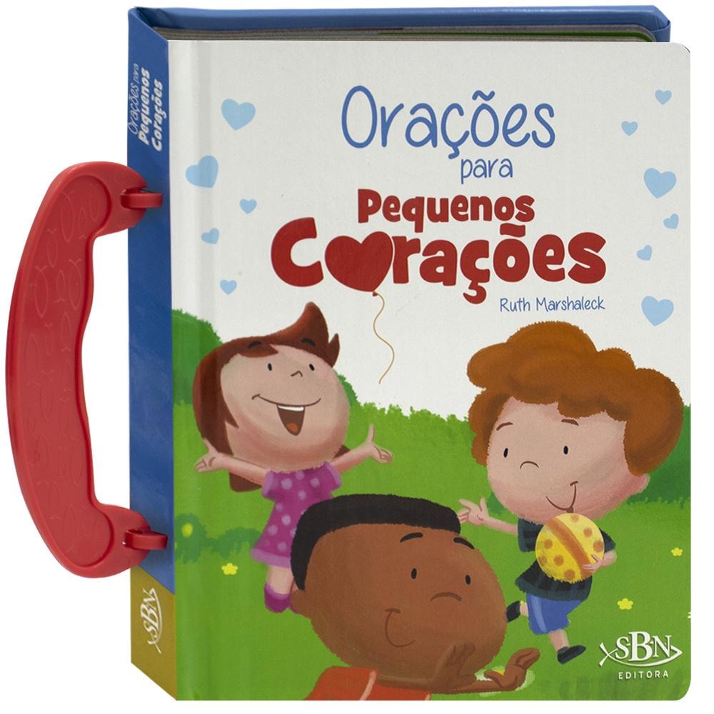 Livro Minha Maletinha: Orações para Pequenos Corações, capa branca com crianças e alça vermelha. — Plenitude