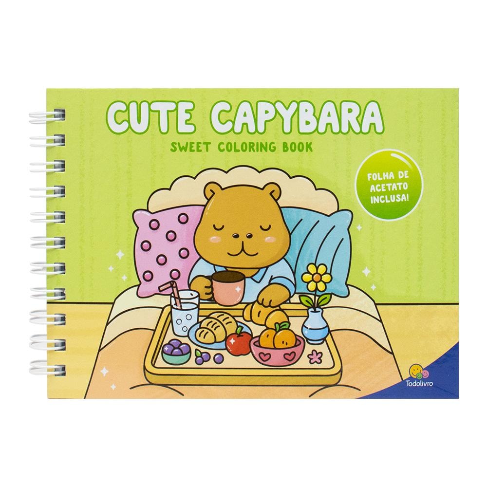 Livro de colorir Sweet Coloring Book: Cute Capybara, capa verde com capivara fofa tomando café da manhã. — Plenitude