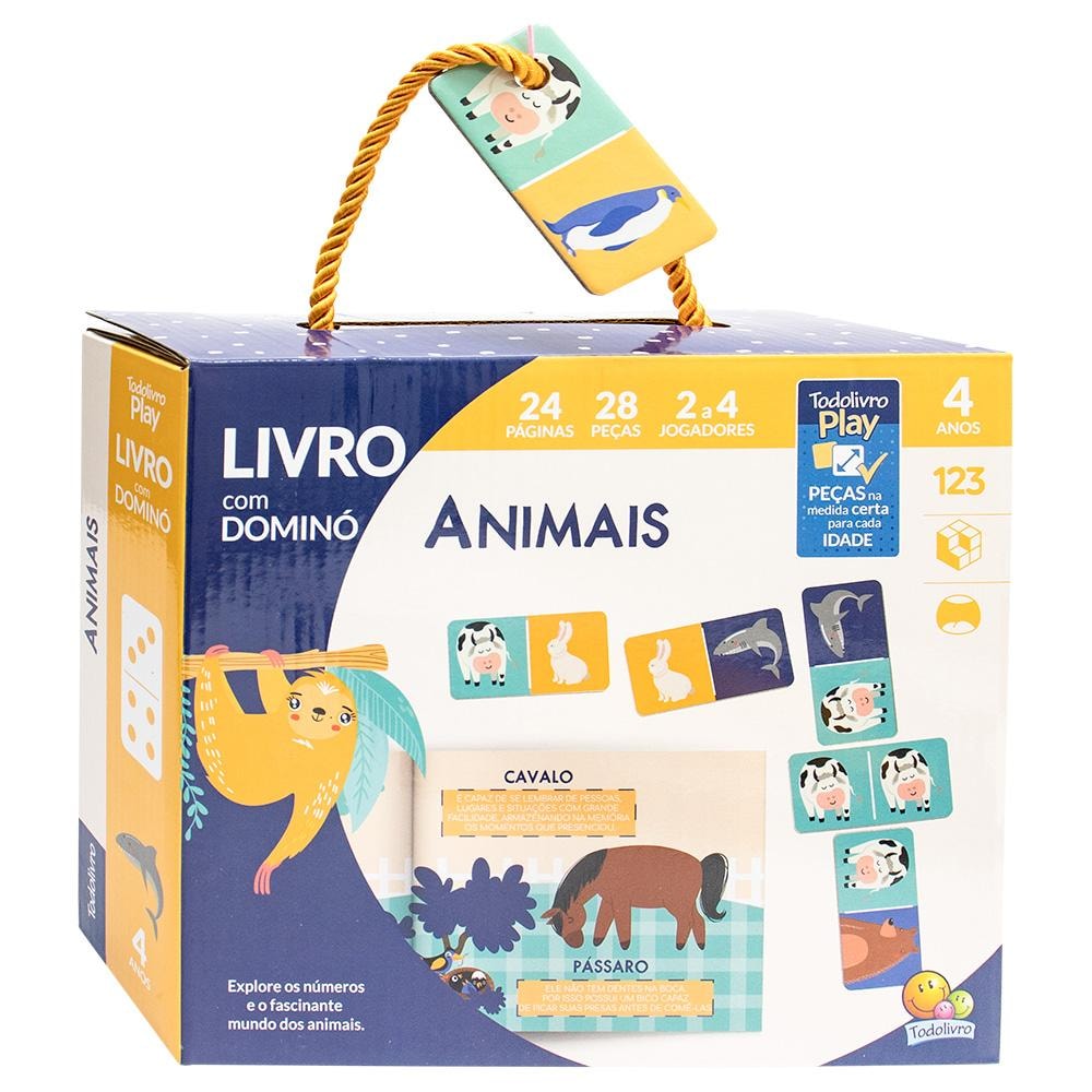 Livro Todolivro Play DOM 4A Animais, da Todolivro. Caixa azul com livro e peças de dominó de animais. — Plenitude