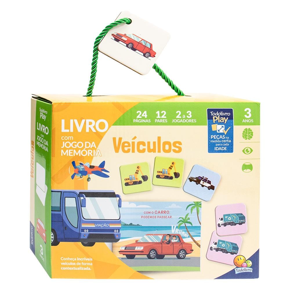 Livro e jogo da memória Todolivro Play Memo 3A Veículos, caixa amarela e verde com alça, peças de veículos. — Plenitude