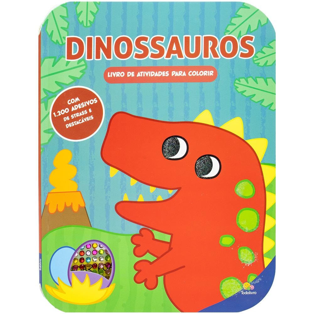 Livro Adesivos Brilhantásticos II! Dinossauros, capa com dinossauro vermelho e adesivos de strass. — Plenitude