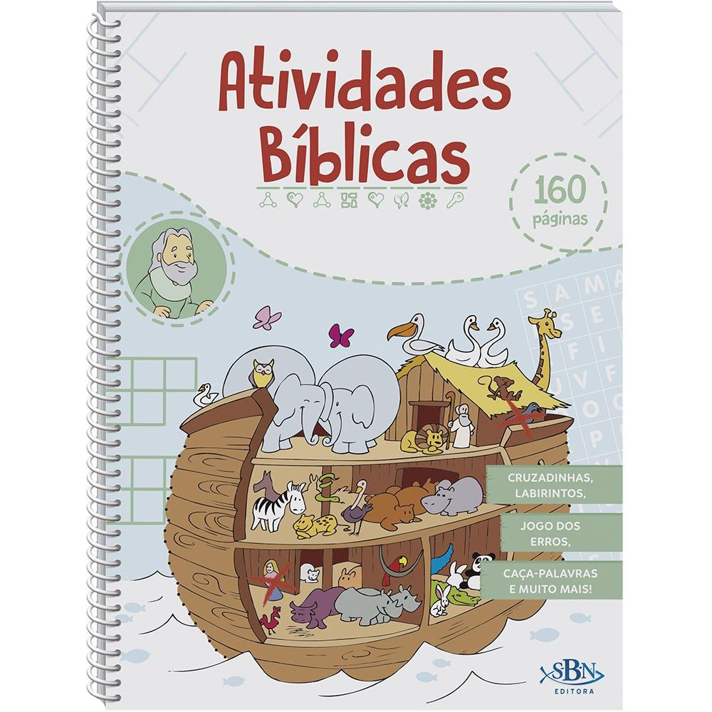 Livro de atividades infantis, Atividades Bíblicas, de Cristina Marques, capa branca com ilustrações da Arca de Noé e animais, e texto colorido. — Plenitude