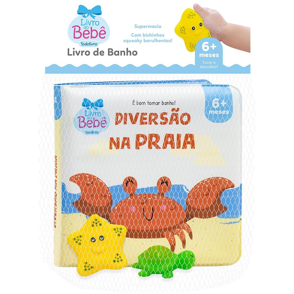 Livro de banho: Diversão na Praia, da Todolivro. Embalagem com livro e brinquedos de borracha de praia. — Plenitude