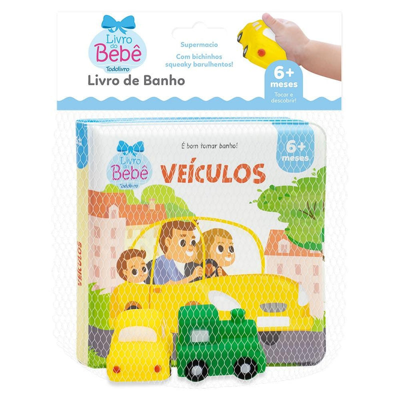 Livro de banho: Veículos, da Todolivro. Embalagem com livro e brinquedos de borracha de veículos. — Plenitude