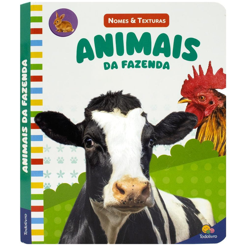 Livro Nomes & Texturas: Animais da Fazenda, da Brijbasi Art Press Ltd. Capa branca com vaca e galo. — Plenitude