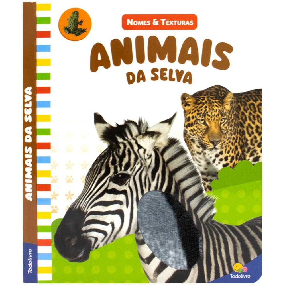 Livro Nomes & Texturas: Animais da Selva, da Brijbasi Art Press Ltd. Capa branca com zebra e leopardo. — Plenitude