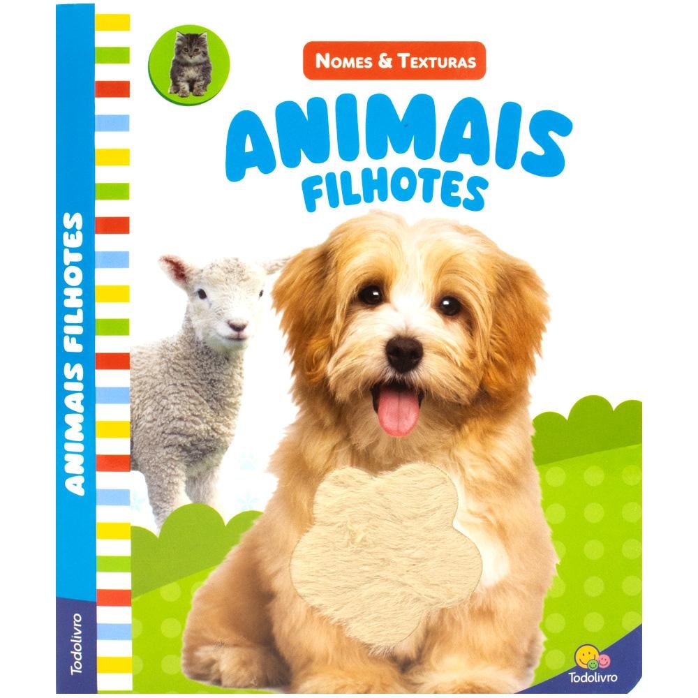 Livro Nomes & Texturas: Animais Filhotes, da Brijbasi Art Press Ltd. Capa branca com filhote de cachorro e ovelha. — Plenitude