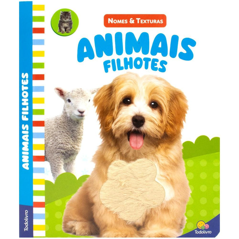 Livro Nomes & Texturas: Animais Filhotes, da Brijbasi Art Press Ltd. Capa branca com filhote de cachorro e ovelha. — Plenitude