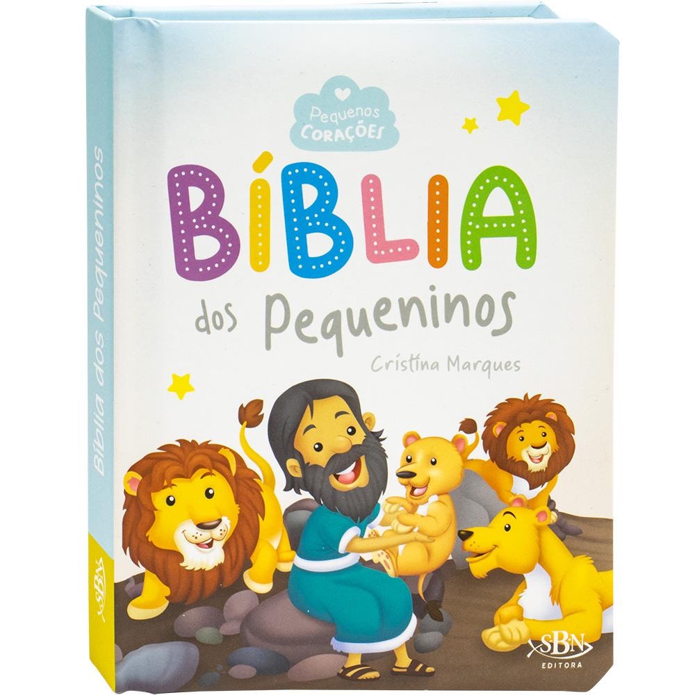 Livro Pequenos Corações: Bíblia dos Pequeninos, de Cristina Marques. Capa branca com leões e personagem bíblico. — Plenitude