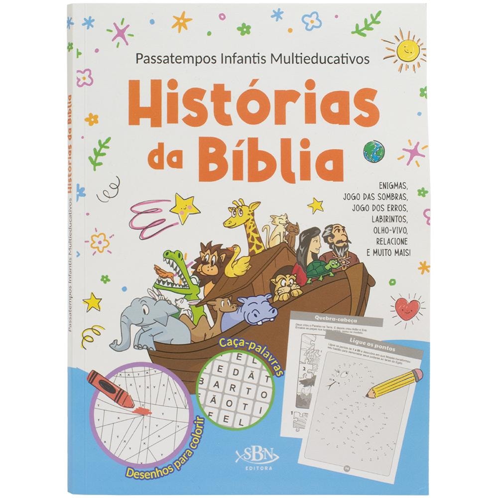 Livro de passatempos: Histórias da Bíblia, de Maria Angela Finzetto. Capa com arca de Noé e atividades. — Plenitude