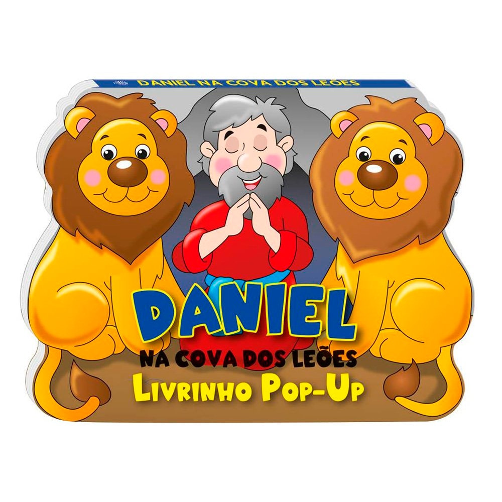 Livrinho Pop-up "Daniel na Cova dos Leões", capa em formato de leões e Daniel orando. — Plenitude