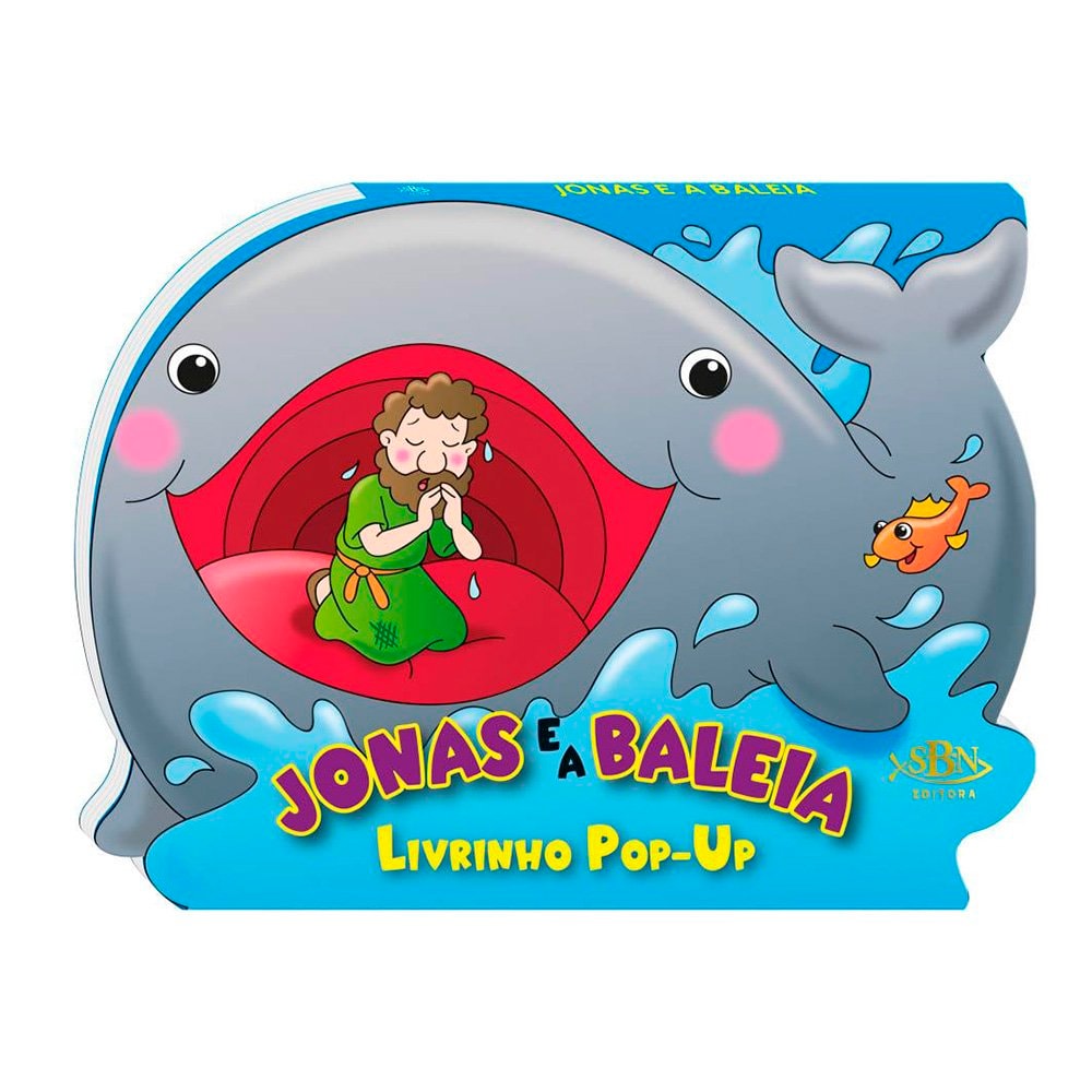 Livrinho Pop-up "Jonas e a Baleia", capa em formato de baleia com Jonas dentro. — Plenitude