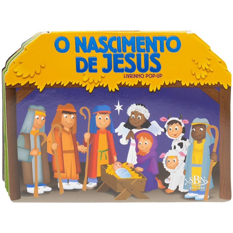 Livrinho Pop-Up "O Nascimento de Jesus" da Inc. The Clever Factory, capa em formato de presépio. — Plenitude