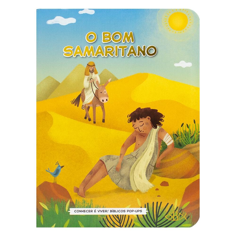 Livro infantil pop-up: O Bom Samaritano, da Tulip Books. Capa ilustrada com deserto e personagens bíblicos. — Plenitude