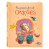 Livro Meu Primeiro Livro de Orações, de Cristina Marques. Capa laranja com cachorro, abelha e borboleta. — Plenitude