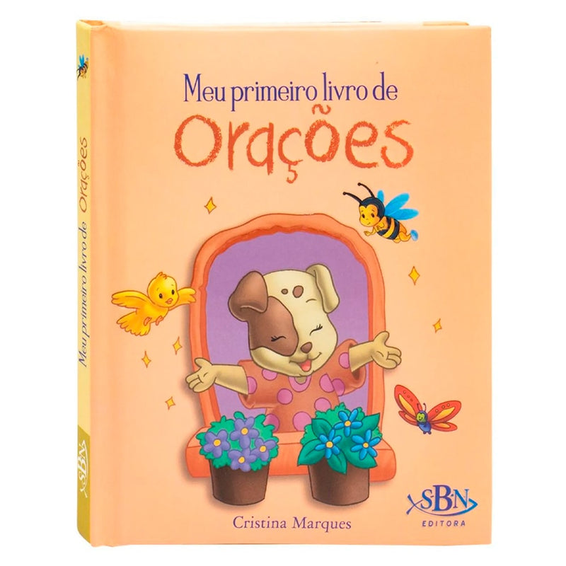 Livro Meu Primeiro Livro de Orações, de Cristina Marques. Capa laranja com cachorro, abelha e borboleta. — Plenitude