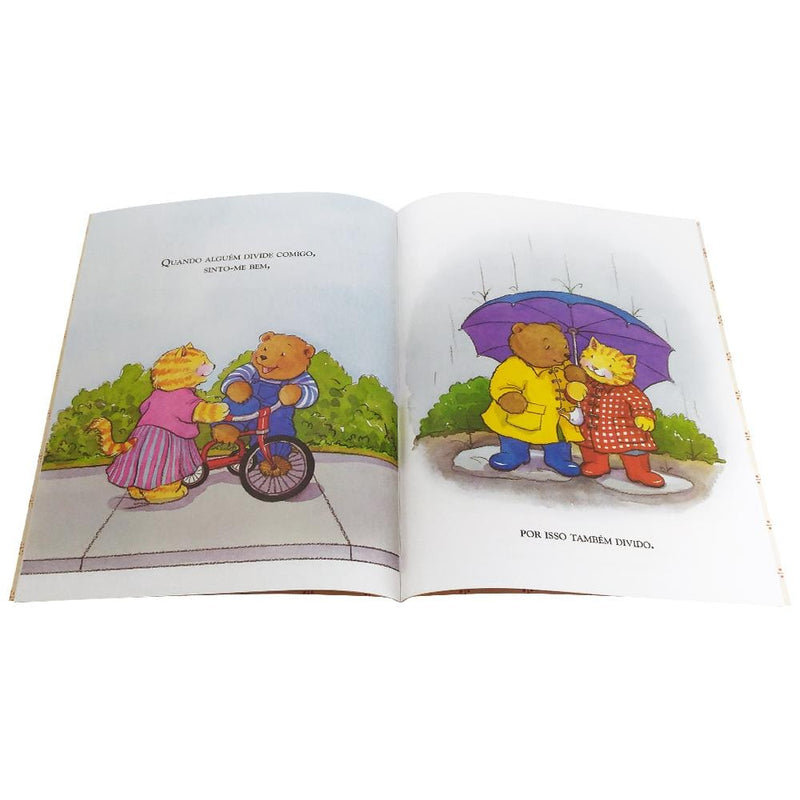 Livro Como Eu Me Sinto...quando Me Importo com os Outros, por Cornelia Maude Sp. Páginas abertas com ilustrações de ursos e gatos compartilhando e se abrigando da chuva. — Plenitude