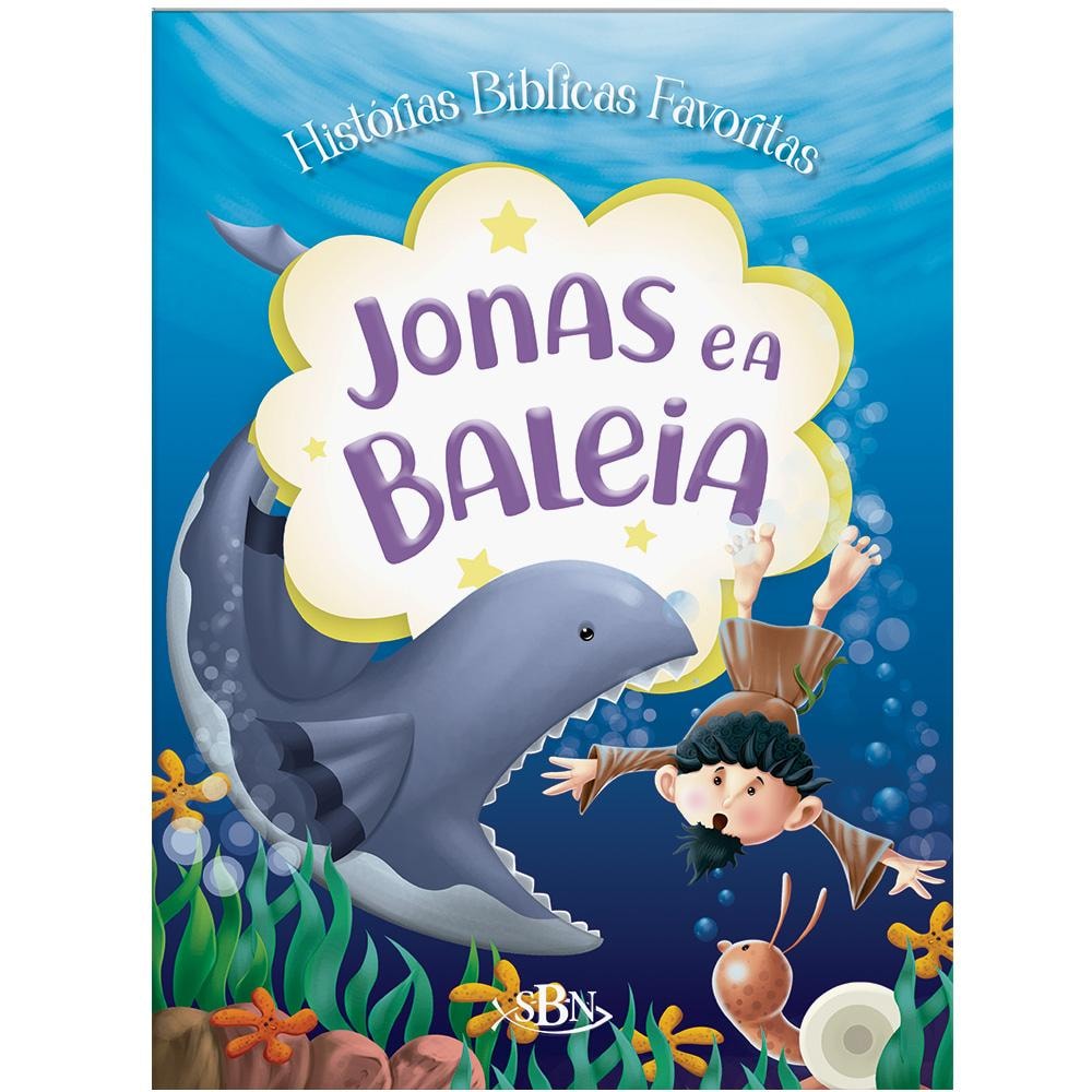 Livro infantil: Jonas e o Grande Peixe, de Cristina Marque. Capa ilustrada com Jonas e uma baleia. — Plenitude
