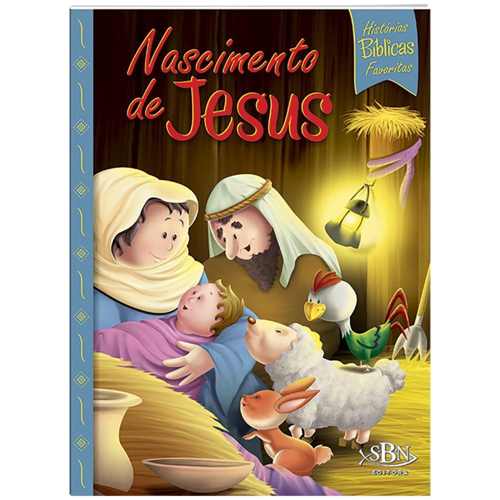 Livro infantil: Nascimento de Jesus, de Cristina Marques. Capa ilustrada com Maria, José e o bebê Jesus. — Plenitude