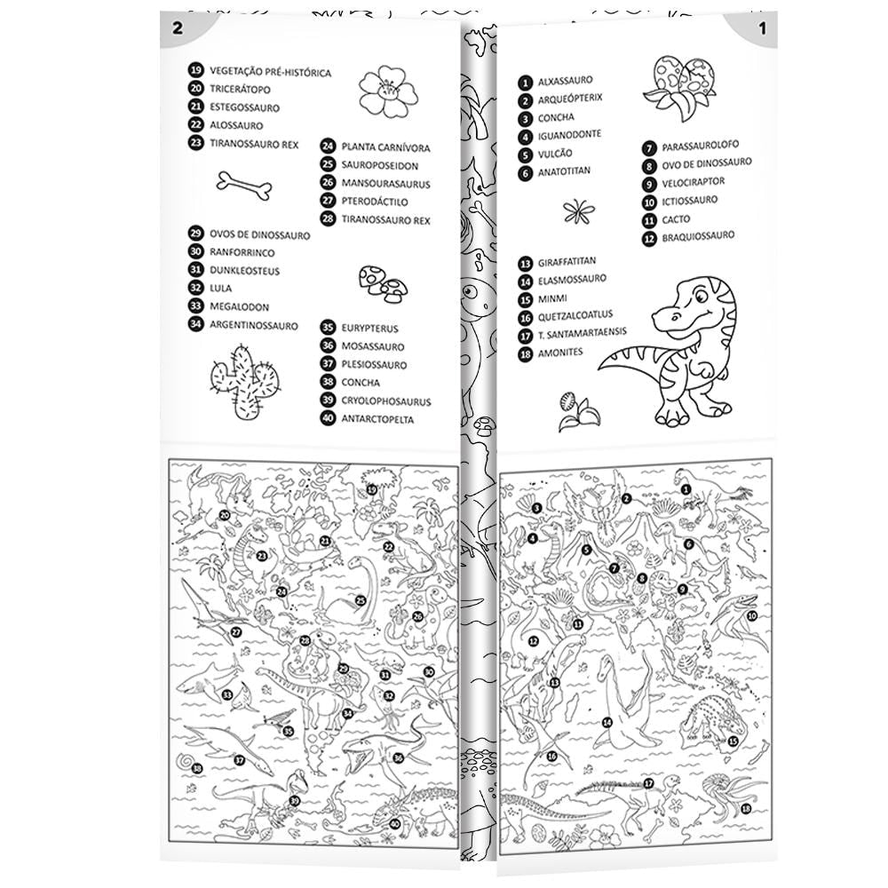 Livro-Tapete para Colorir "Dinos" da Todolivro, páginas abertas com desenhos de dinossauros para colorir. — Plenitude