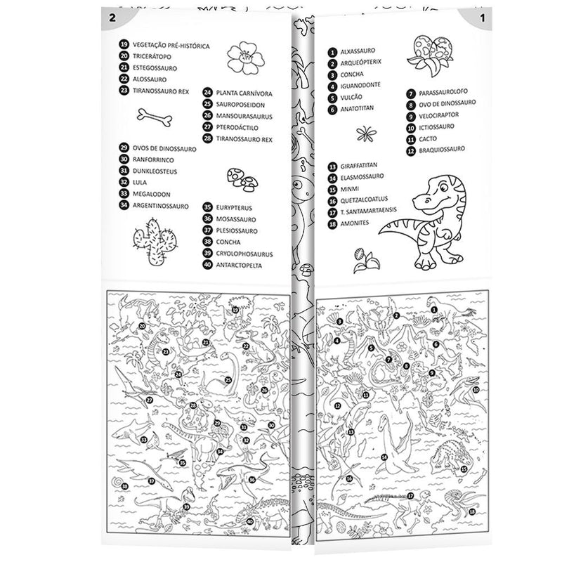 Livro-Tapete para Colorir "Dinos" da Todolivro, páginas abertas com desenhos de dinossauros para colorir. — Plenitude