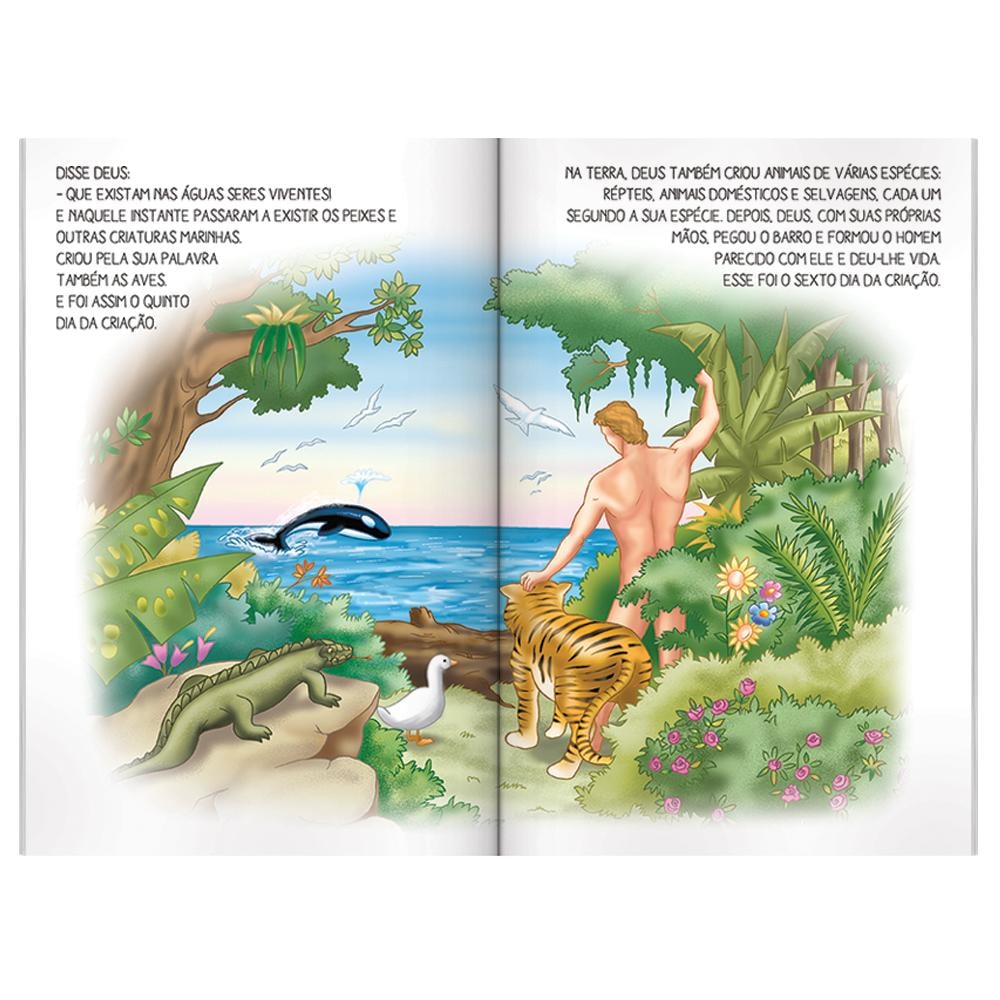 Livro infantil aberto, Clássicos da Bíblia: A Criação, de Cristina Marques, com ilustrações da criação dos animais e do homem. — Plenitude