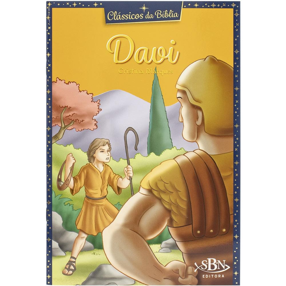 Livro infantil, Clássicos da Bíblia: Davi, de Cristina Marques, capa amarela com ilustração de Davi enfrentando Golias. — Plenitude