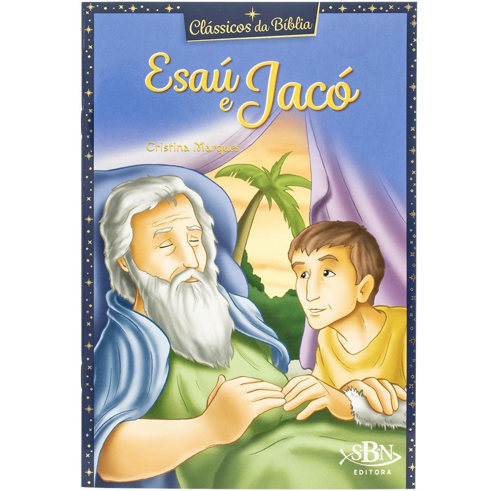 Livro infantil, Clássicos da Bíblia: Esaú e Jacó, de Cristina Marques, capa azul com ilustração de Esaú e Jacó. — Plenitude