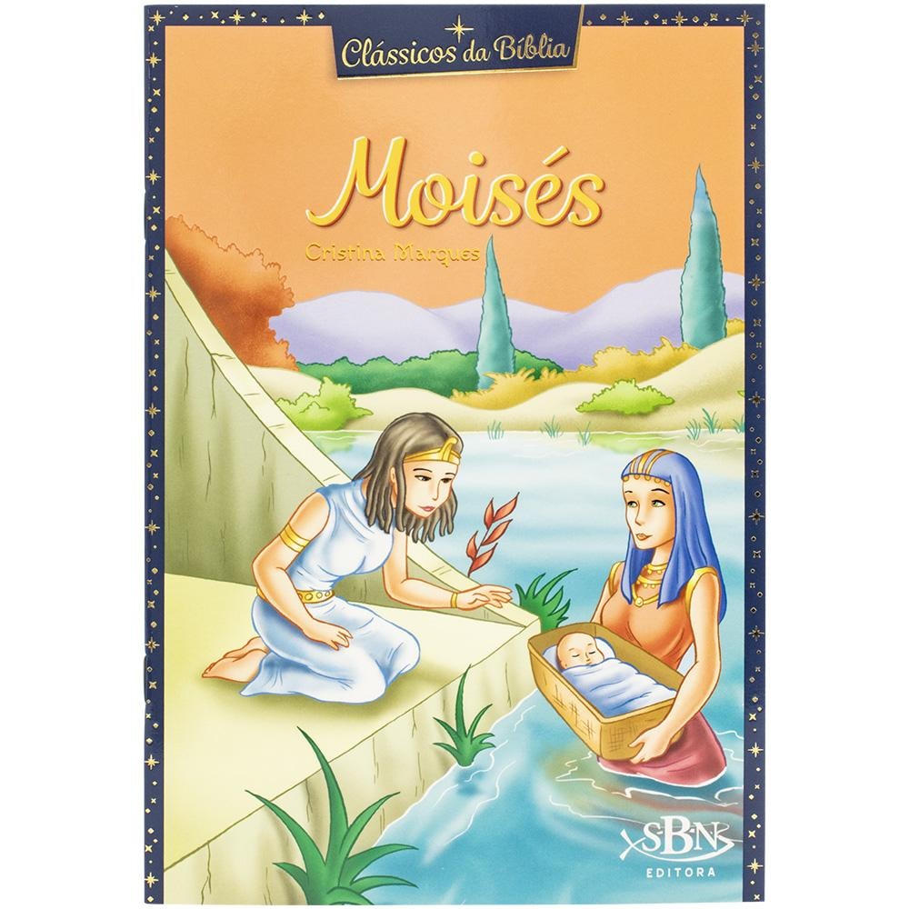 Livro Clássicos da Bíblia: Moisés, por Cristina Marques. Capa laranja com ilustração de duas mulheres encontrando um bebê em um cesto no rio. — Plenitude