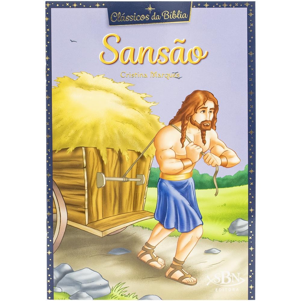 Livro Clássicos da Bíblia: Sansão, por Cristina Marques. Capa roxa com ilustração de Sansão puxando uma carroça de feno. — Plenitude