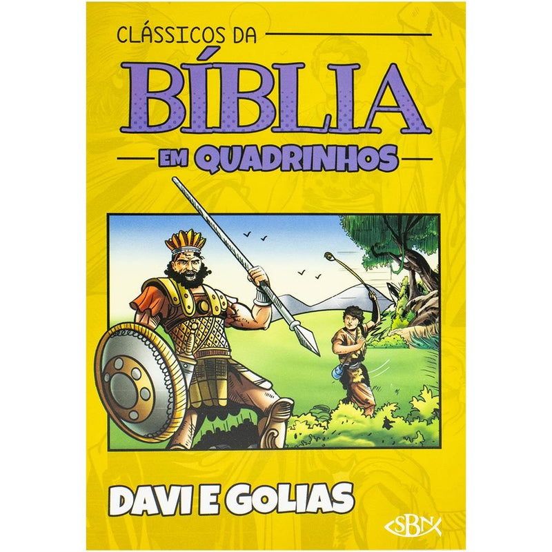 Livro de quadrinhos, Clássicos da Bíblia em Quadrinhos: Davi e Golias, de Brijbasi Art Press, capa amarela com ilustração de Davi e Golias. — Plenitude