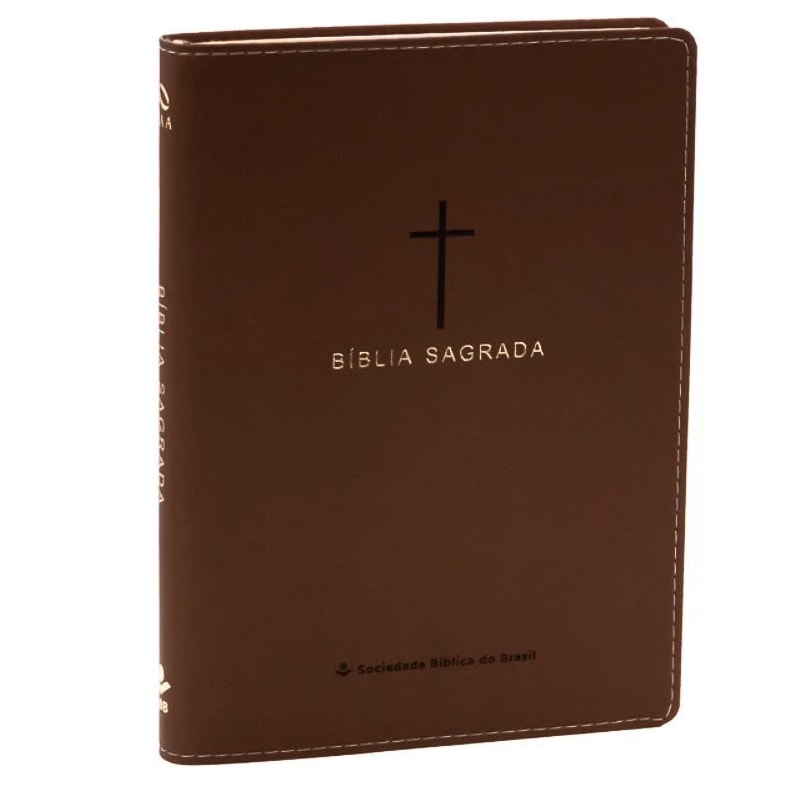 Bíblia Sagrada Slim NAA, capa luxo marrom com cruz e letras douradas, costura aparente. — Plenitude