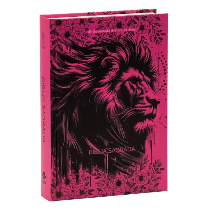 Bíblia Sagrada NTLH capa dura rosa pink com estampa de leão e flores em preto. — Plenitude