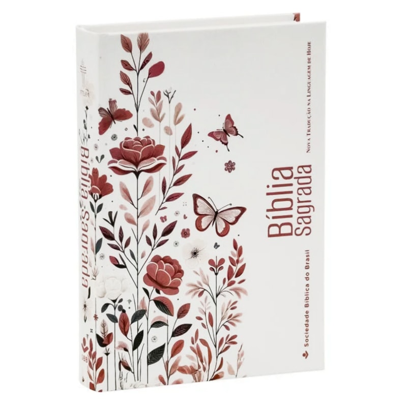 Bíblia Sagrada Jardim NTLH, capa dura branca com estampa floral em tons de vermelho e borboletas. — Plenitude