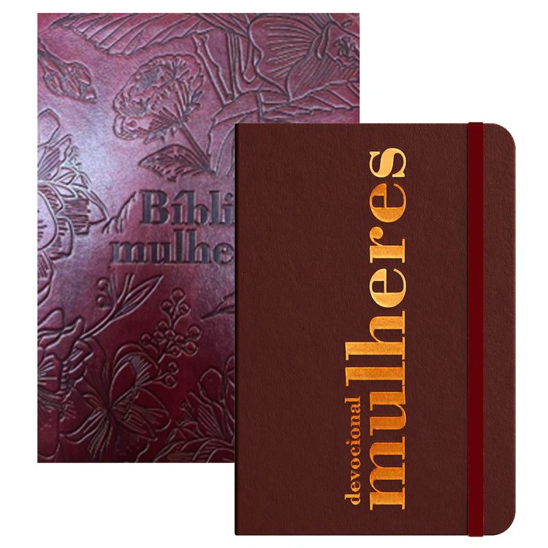 Kit Guiada Pela Palavra | Viviane Martinello: Bíblia Mulheres marrom com detalhes florais e devocional marrom com letras douradas. — Plenitude