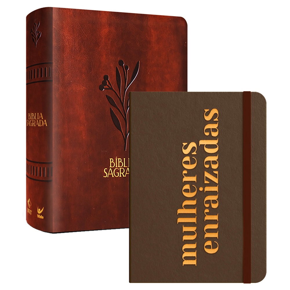 Kit Firmadas no Senhor, Enraizadas na Verdade de Viviane Martinello: Bíblia Sagrada marrom e caderno marrom. — Plenitude
