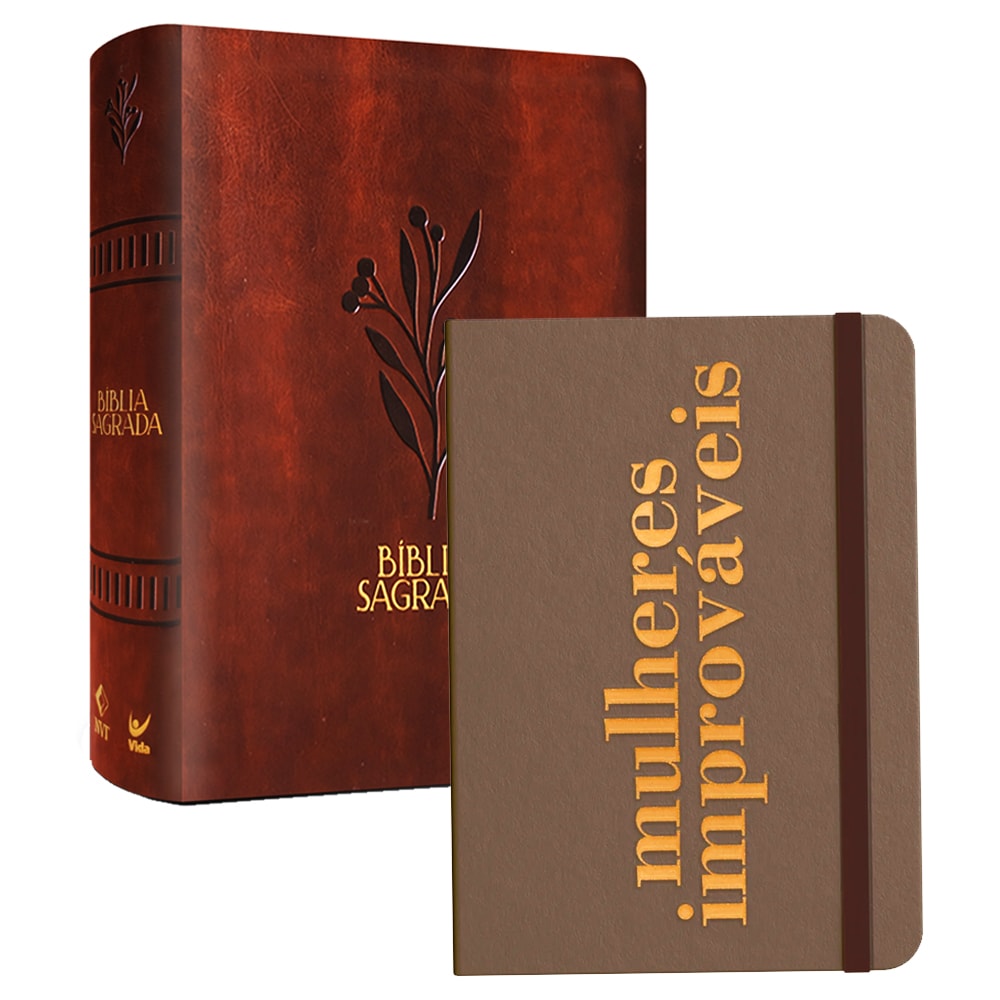 Kit de livro e Bíblia Sagrada Firmadas no Senhor, Enraizadas na Palavra, capa marrom com detalhes em dourado. — Plenitude