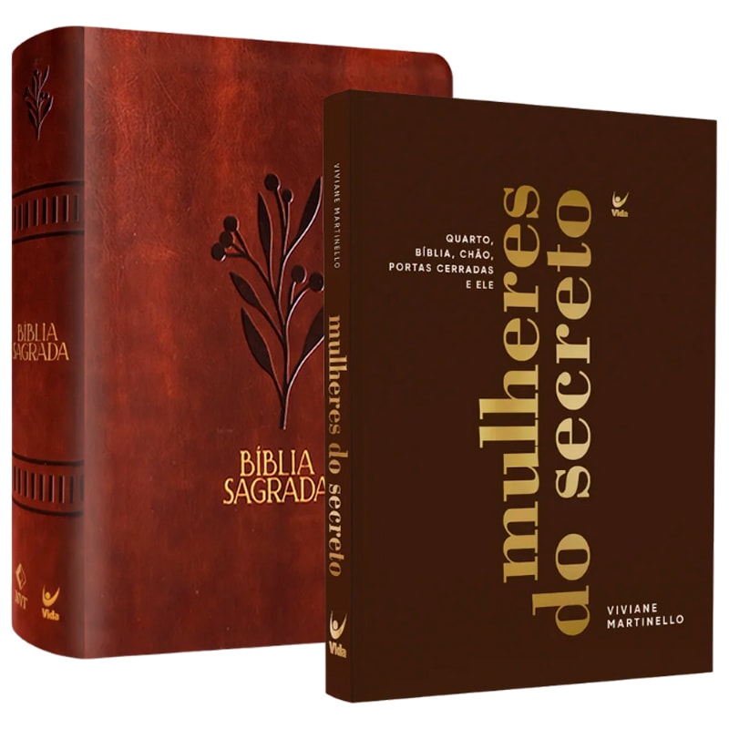 Kit com Bíblia Sagrada Raízes na Palavra marrom e livro "Mulheres do Secreto" de Viviane Martinello. — Plenitude