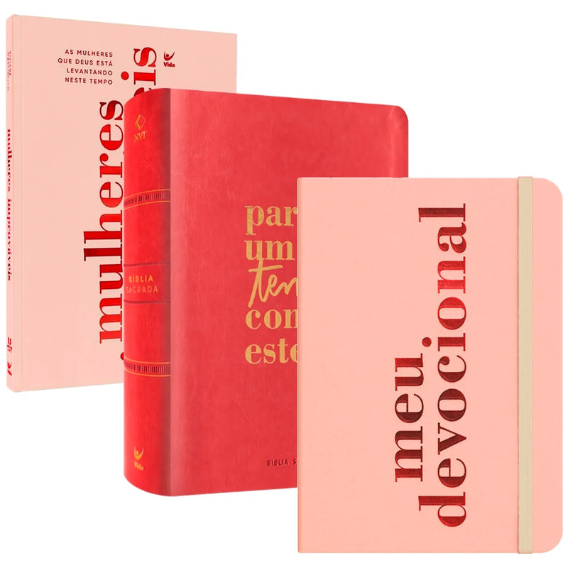 Kit Fé em Ação de Viviane Martinello: Bíblia Mulheres NVT rosa, livro Mulheres Improváveis e moleskine rosa. — Plenitude