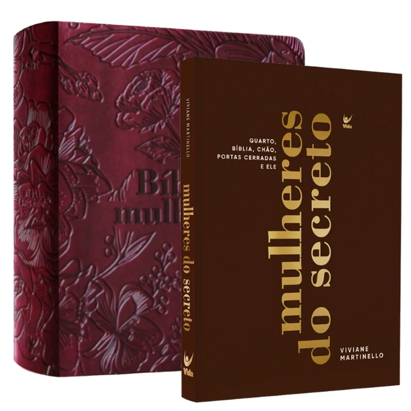 Kit Secreto com o Senhor, Bíblia e livro de Viviane Martinello, capas em tons de vinho com detalhes florais. — Plenitude