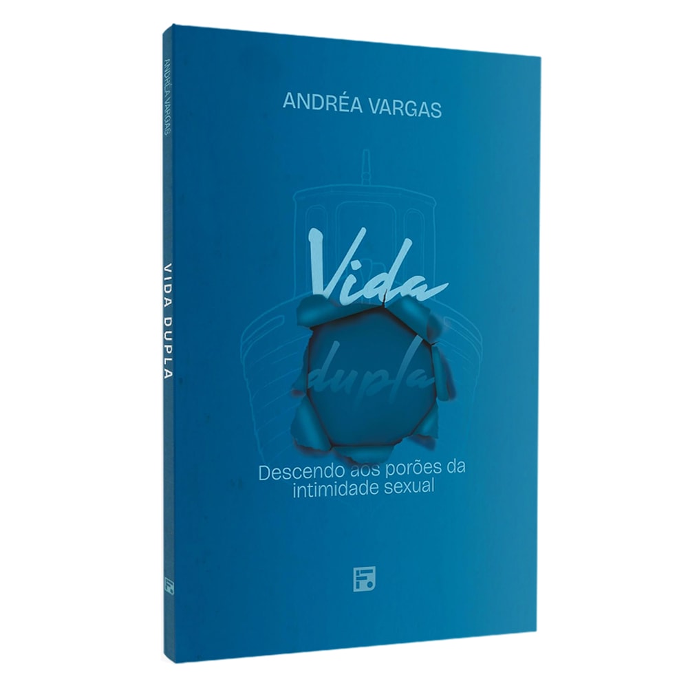 Livro Vida Dupla, de Andréa Vargas, capa azul com ilustração de barco e buraco. — Plenitude