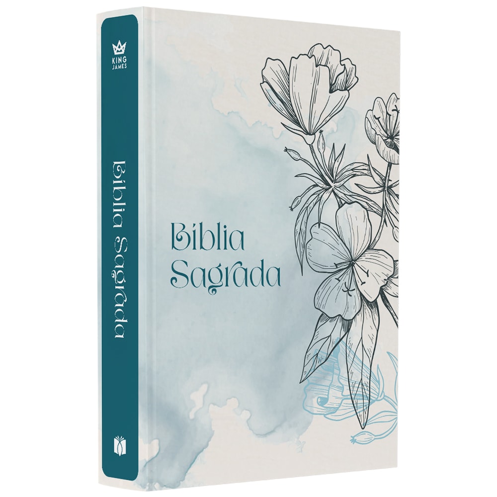 Bíblia Sagrada King James, capa brochura azul com estampa floral em aquarela. — Plenitude