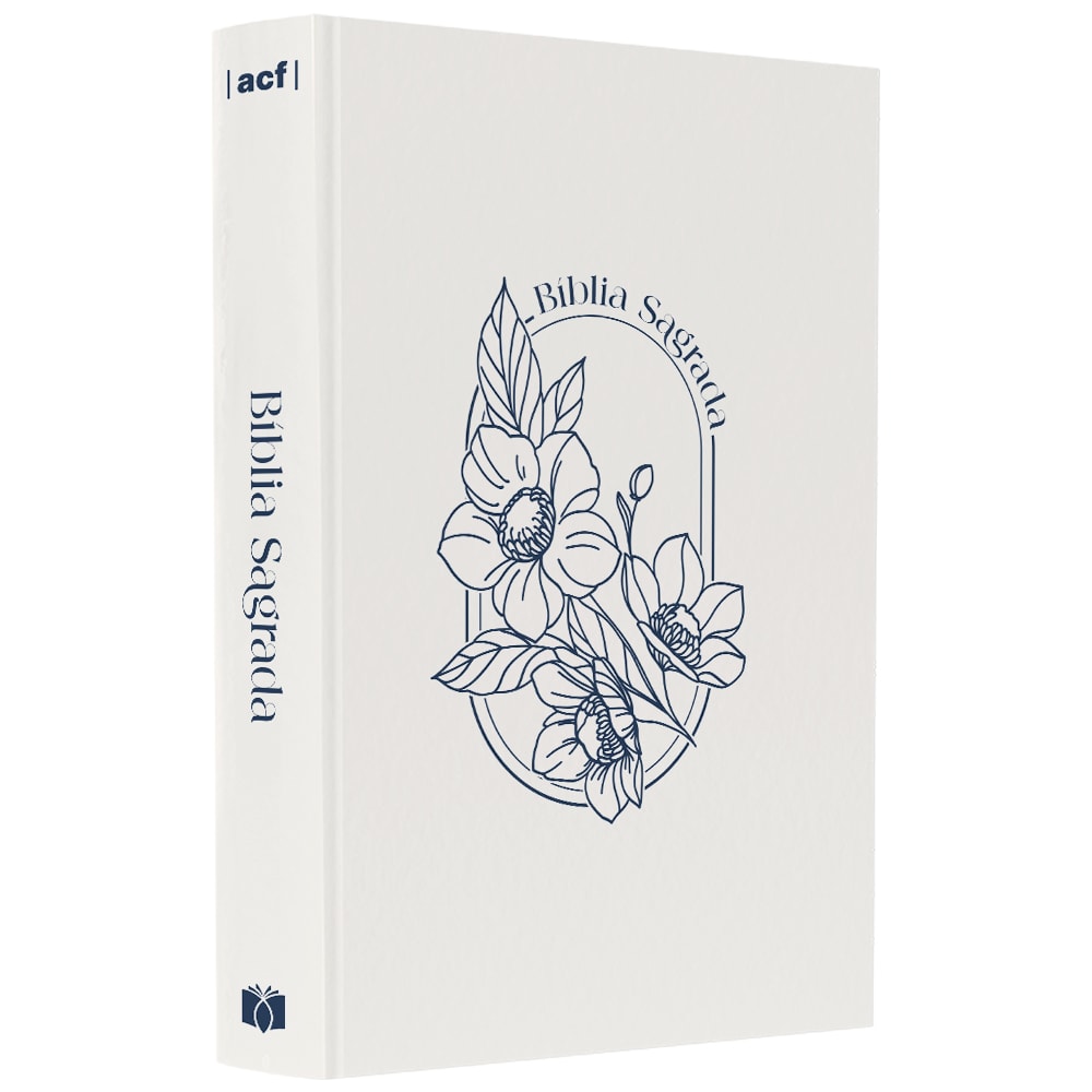 Bíblia Sagrada ACF branca com capa brochura, estampa floral azul e título "Bíblia Sagrada" na capa e lombada. — Plenitude